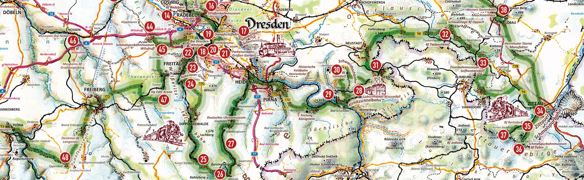 Verlauf der DAMPFBAHN-ROUTE Sachsen mit Stationen